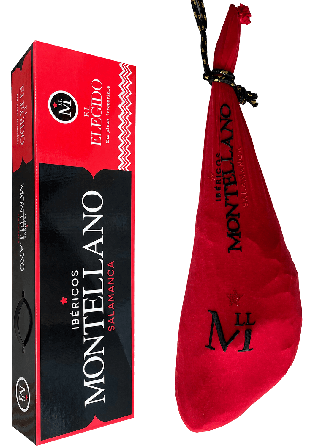Jamon Pata Negra 100% Iberico di Bellota Montellano “El Elegido” 2 Jamon Pata Negra 100% Iberico Bellota Montellano El Elegido intero con sigillo nero confezione